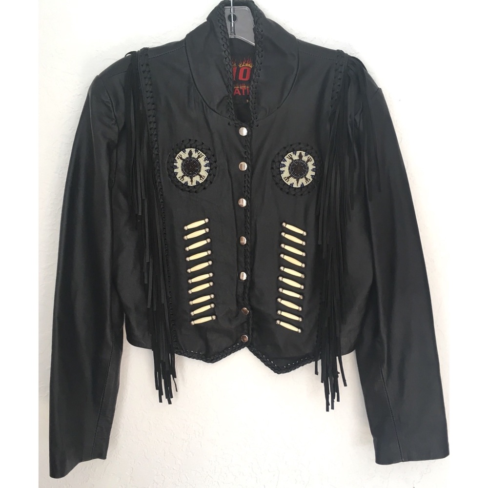 Vintage Black Leather Fringe Beaded Jacket M